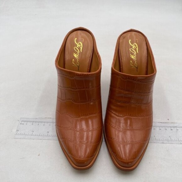 FOWT Women Crocodile Embossed Mules Chunky Stacked Heel Slippers Brown Shoes - Picture 3 of 8